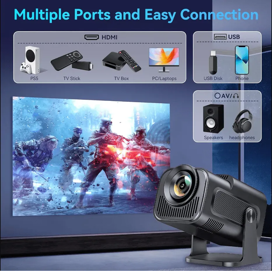 Mini Proyector Inteligente SKLNXAZ con Android 11, Proyector Portátil 4K Full HD, WiFi 6, BT5.2, Pantalla Gigante de 508 cms, Ajuste de 180° y Keystone Automático