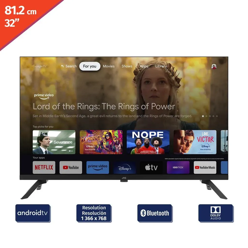 Smart TV JVC 32" HD Android TV LT-32KD138 - Imagen y Sonido Excepcionales en un Diseño Elegante