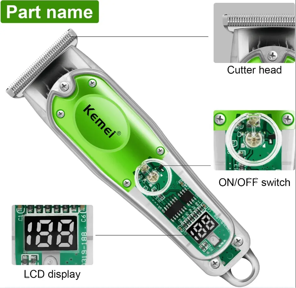 Cortapelos Profesional Inalámbrico KEMEI – Máquina Afeitadora y Cortadora de Pelo con Cuchillas de Acero Inoxidable, Recargable por USB, Pantalla LCD