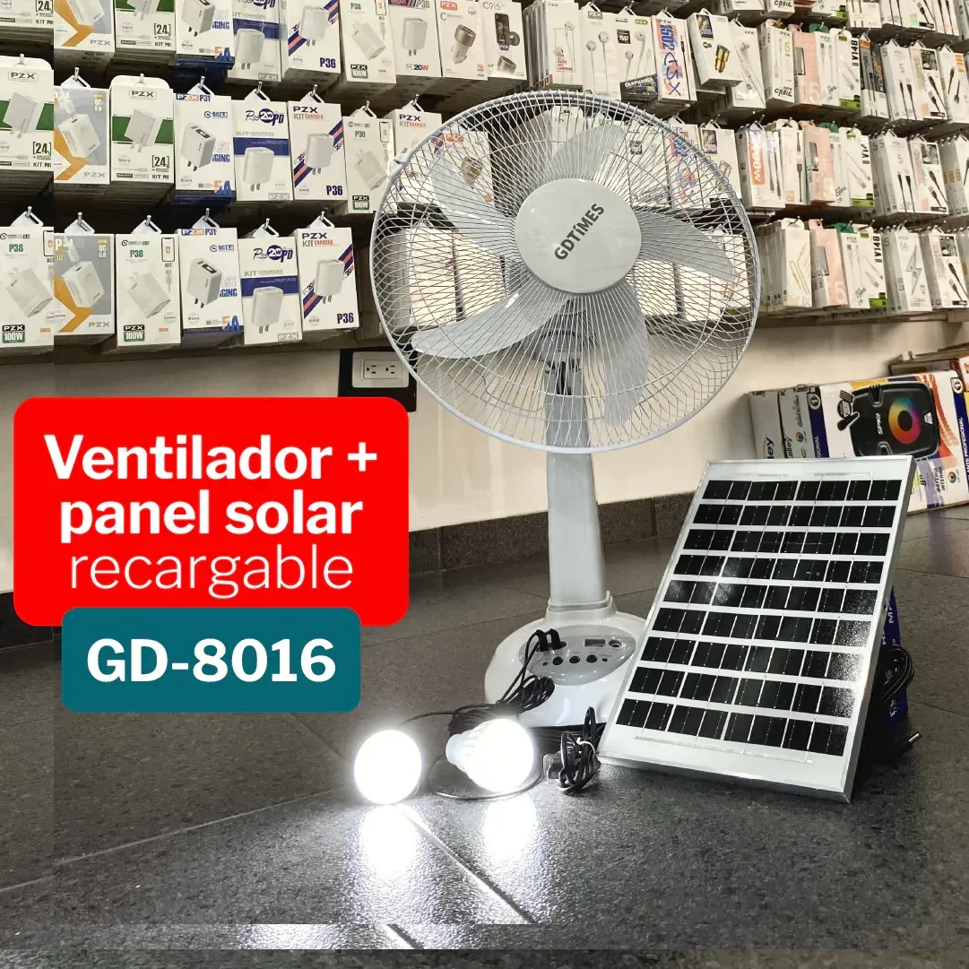 Ventilador GD TIMES 16 pulgadas con Panel Solar | Recarga Dispositivos | Bombillos de Emergencia