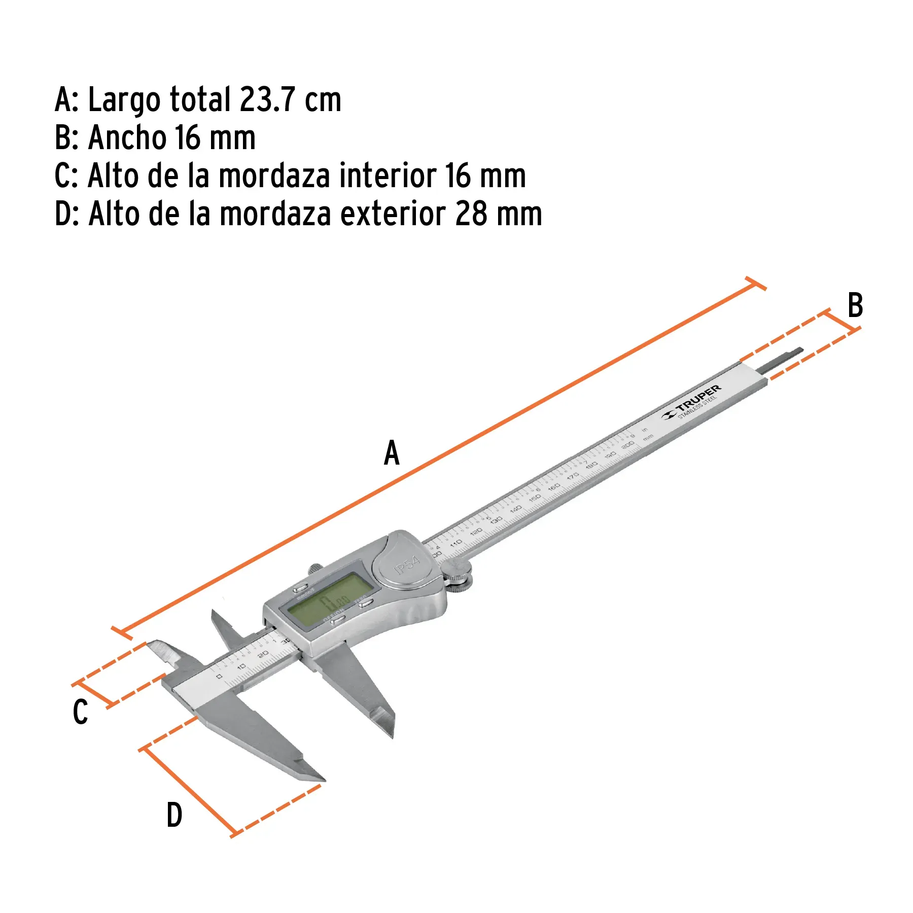 Calibrador Vernier Digital 6" Acero Inox,  Std Y Mm, TRUPER