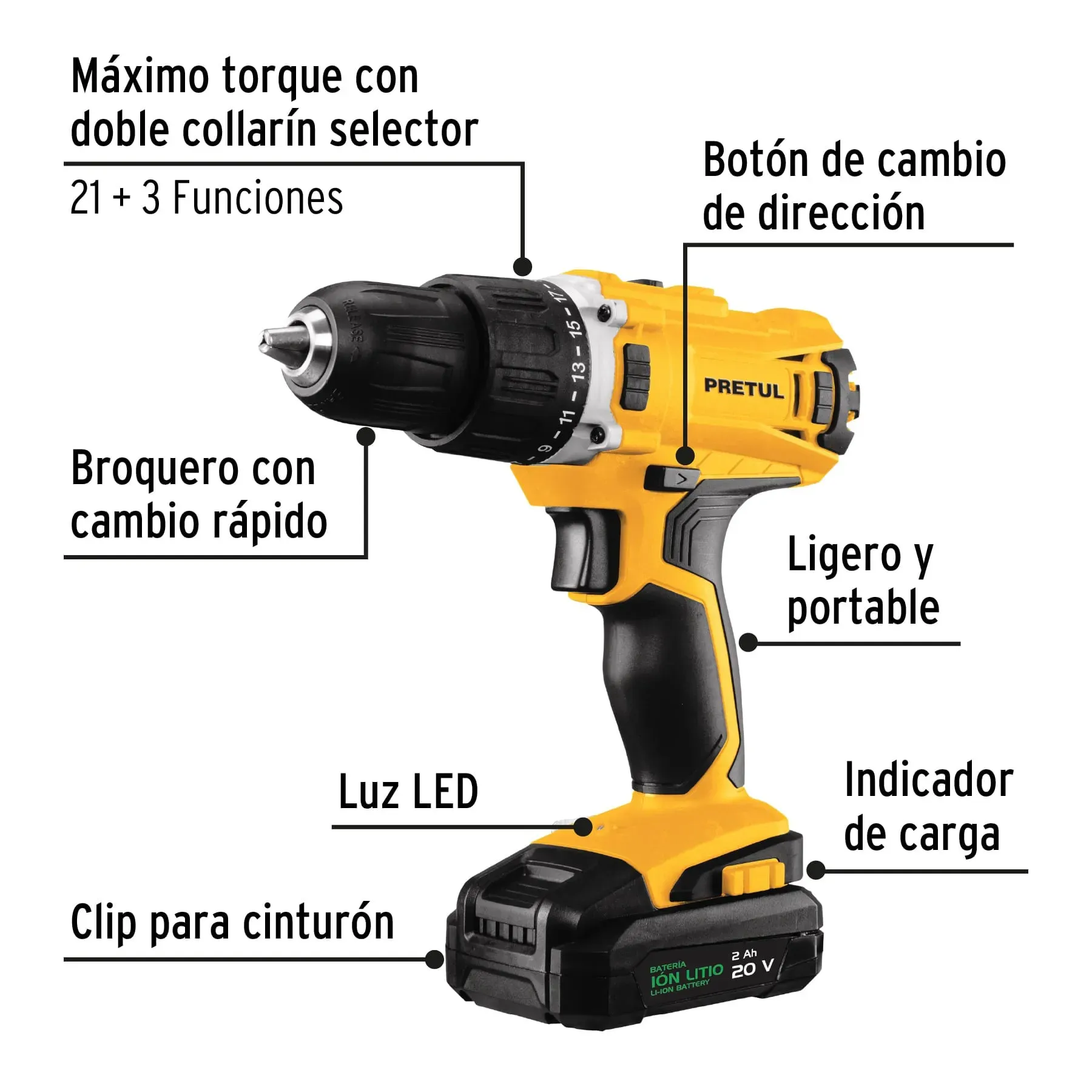 Taladro Inalámbrico 1/2" 20v  PRETUL 