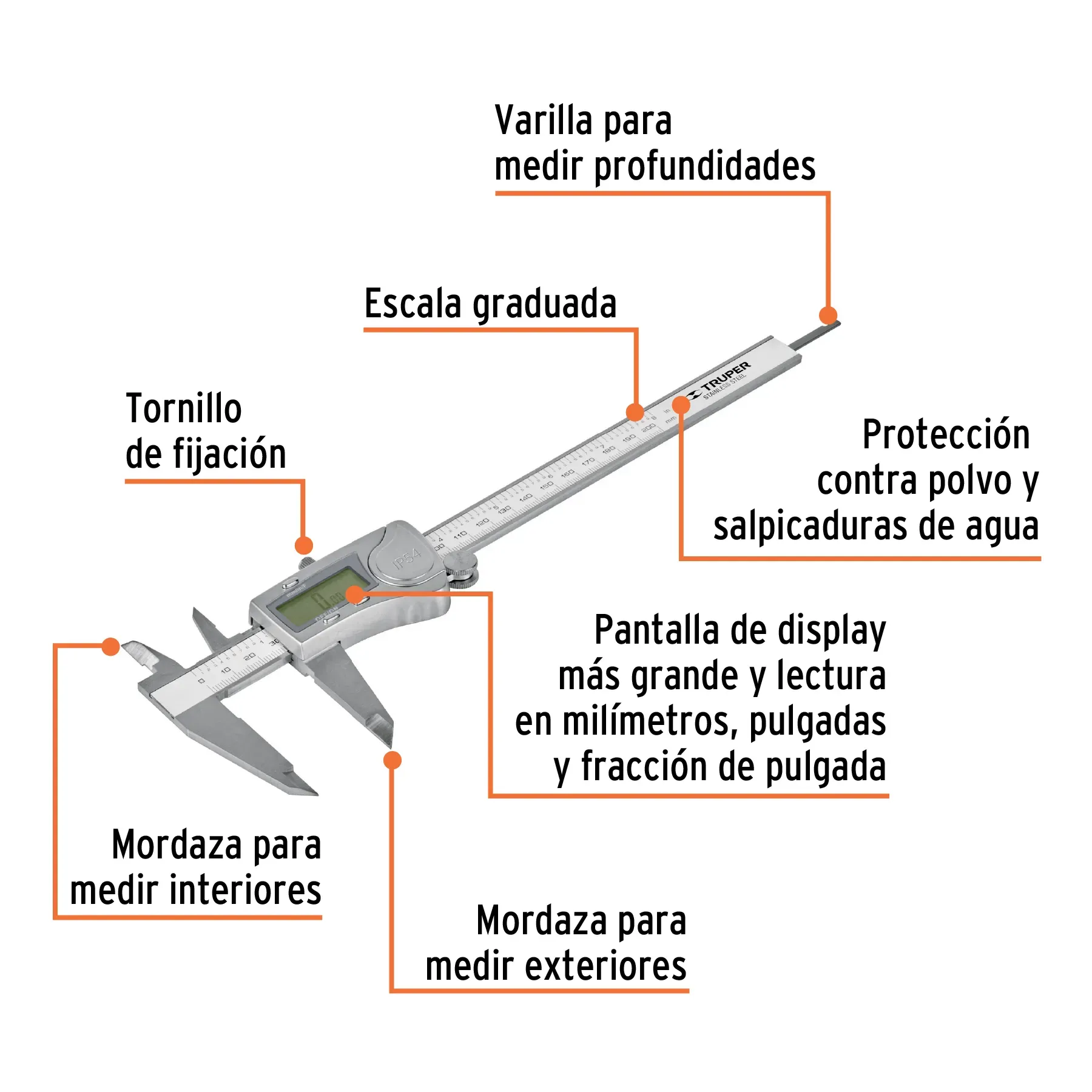 Calibrador Vernier Digital 6" Acero Inox,  Std Y Mm, TRUPER