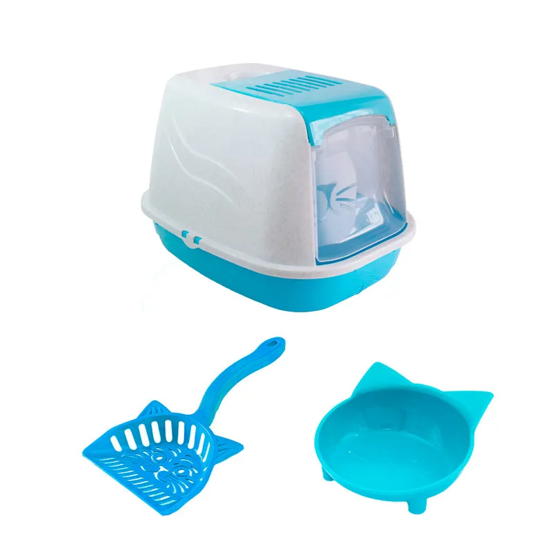 Arenero Iglú Para Gato + 2 Comederos + Pala Y Filtro Muplast Azul