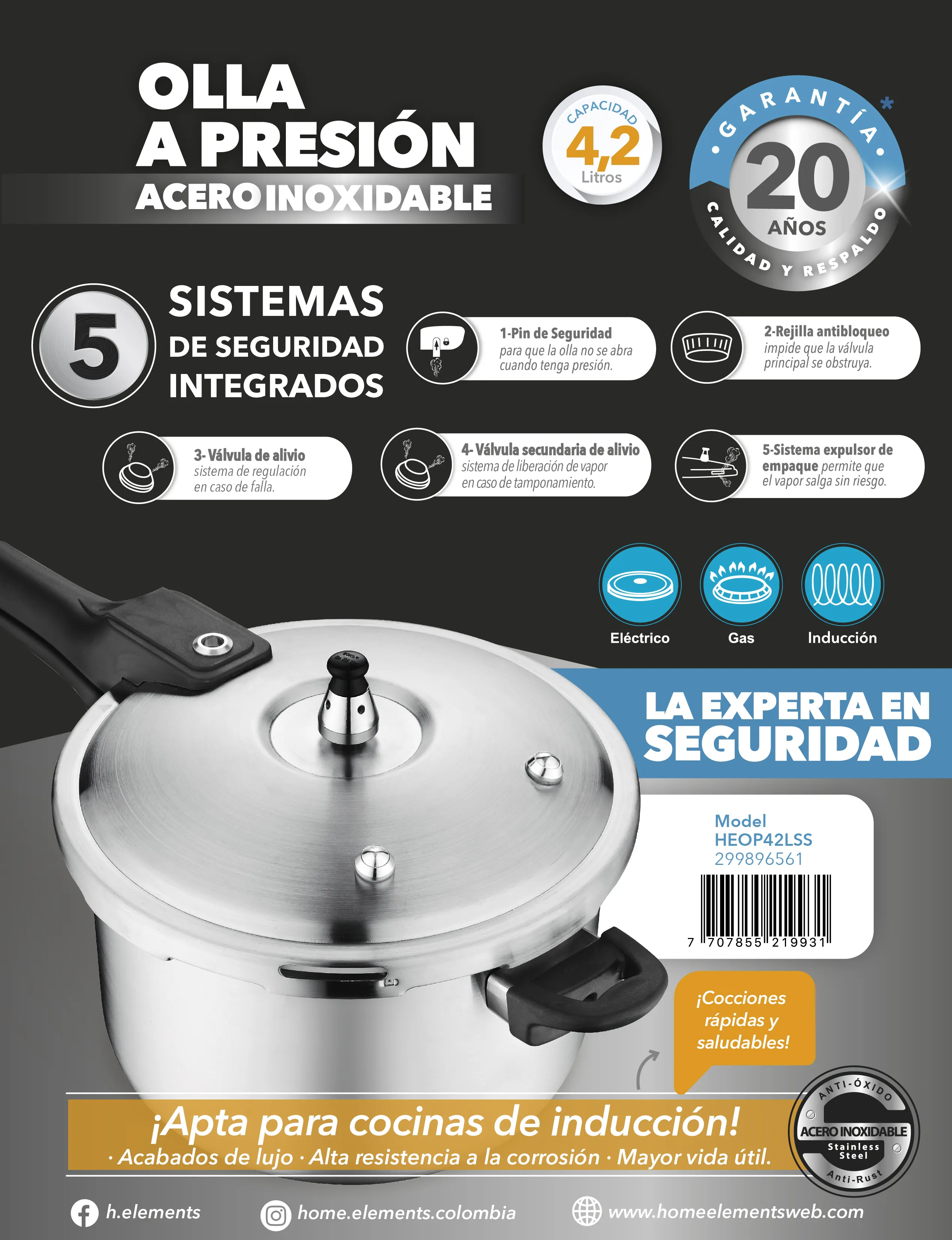 Ollas A Presion ACERO INOX 18/10 4.2 Litros Home Elements