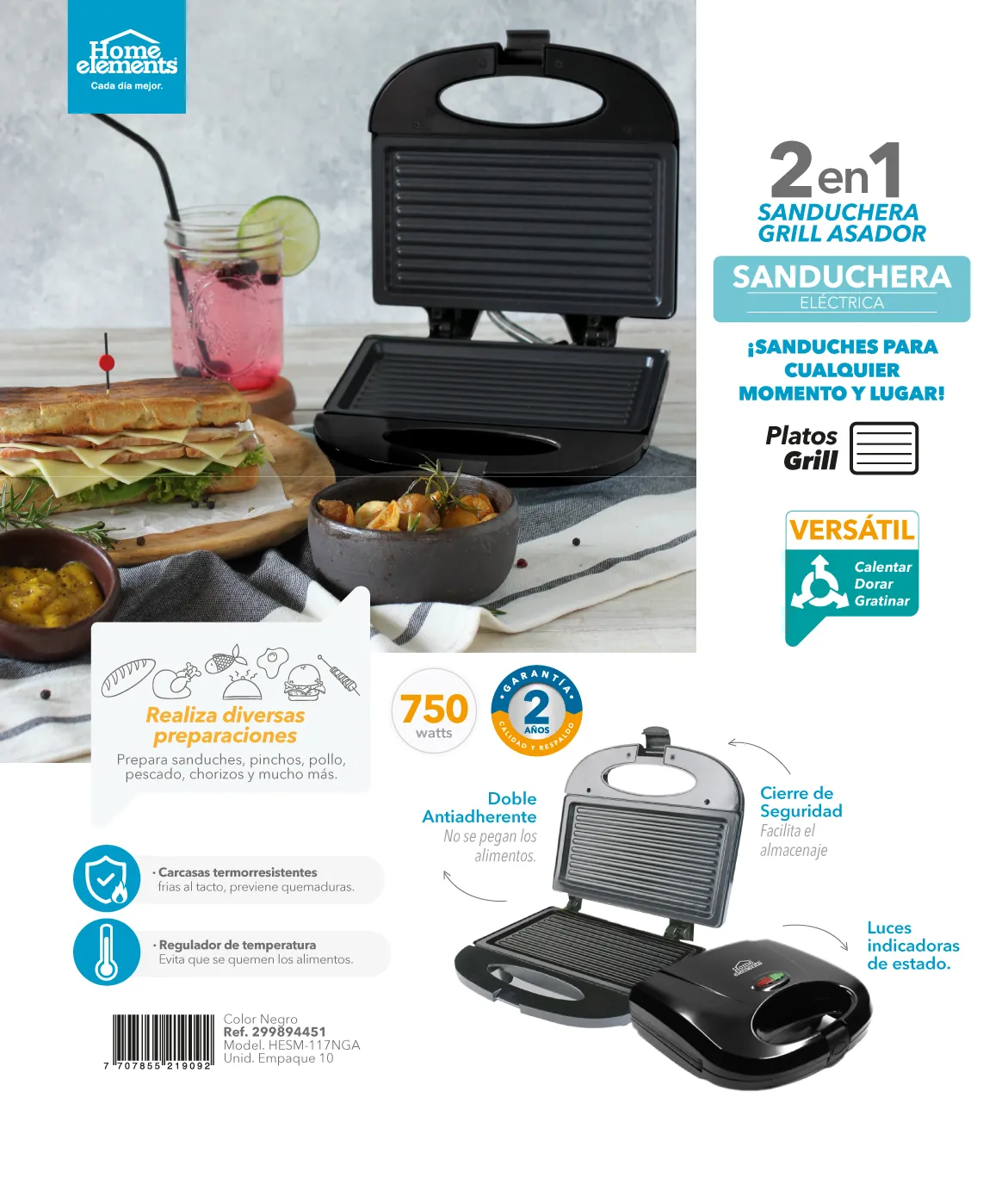 Sanduchera 2 puestos negra GRILL ANTIADHERENTE Home Elements