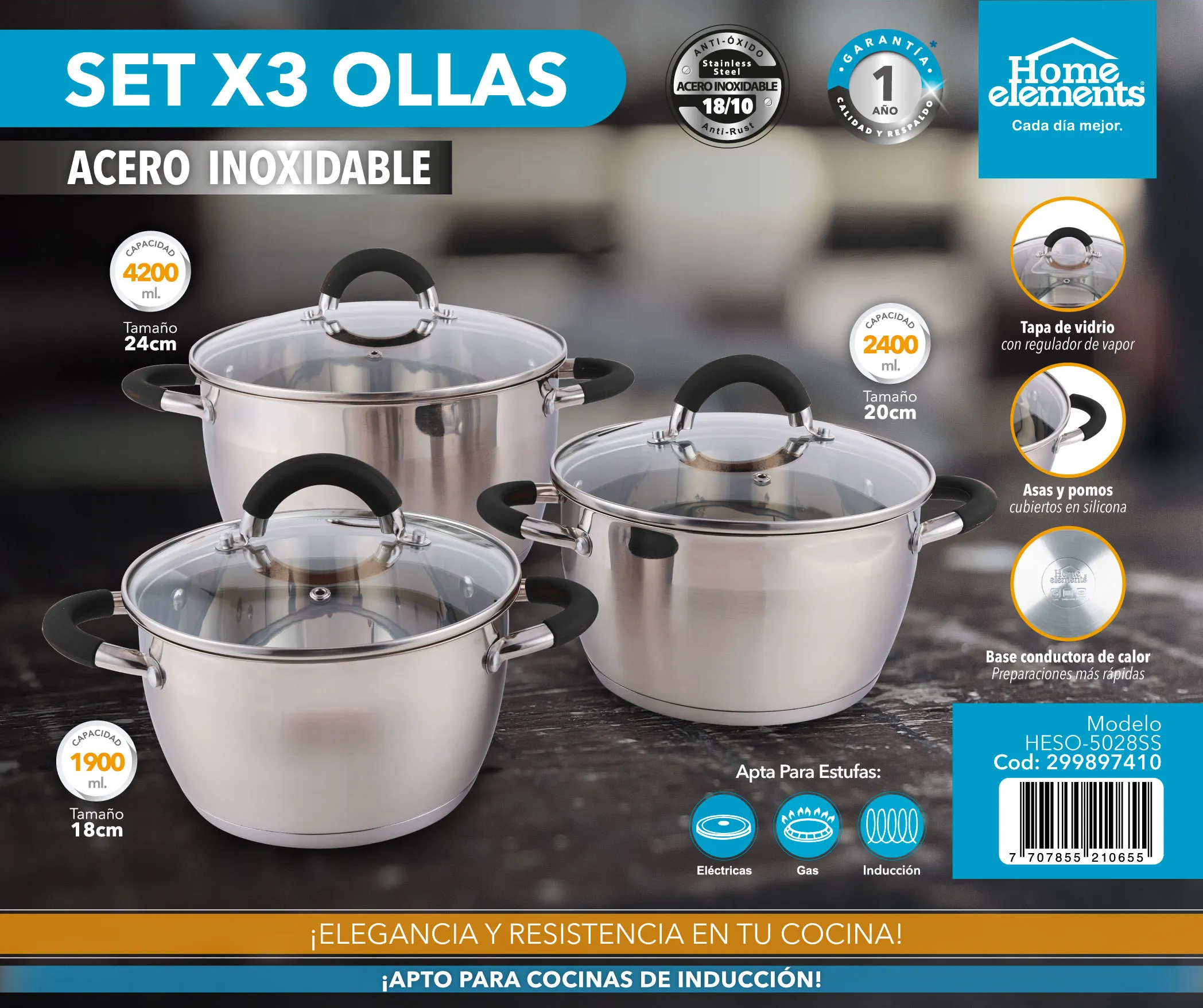 Set X 3 Ollas Con Tapa ACERO INOX 18CM 20CM 24CM Home Elements