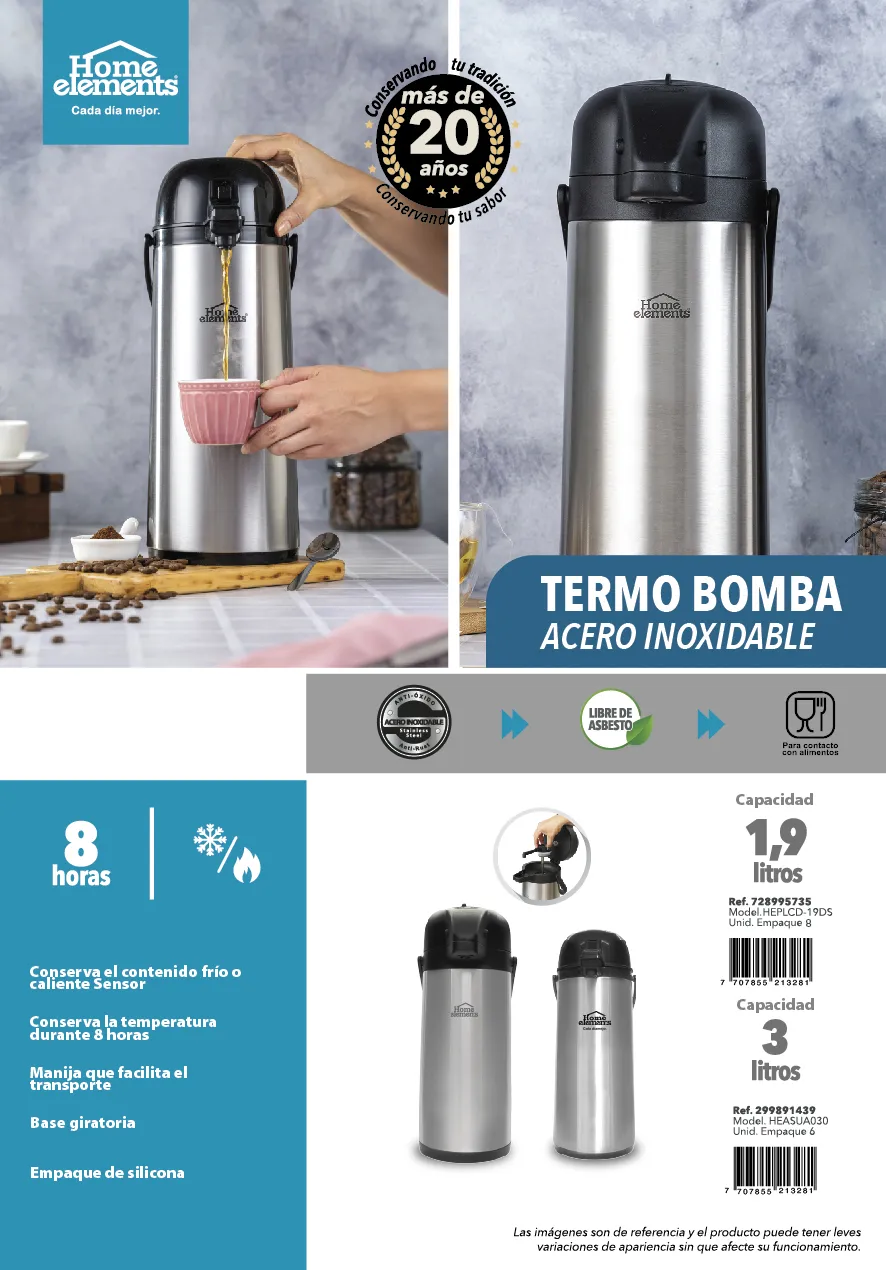 Termo BOMBA ACERO Inox 19LT HEPLCD19D Home Elements