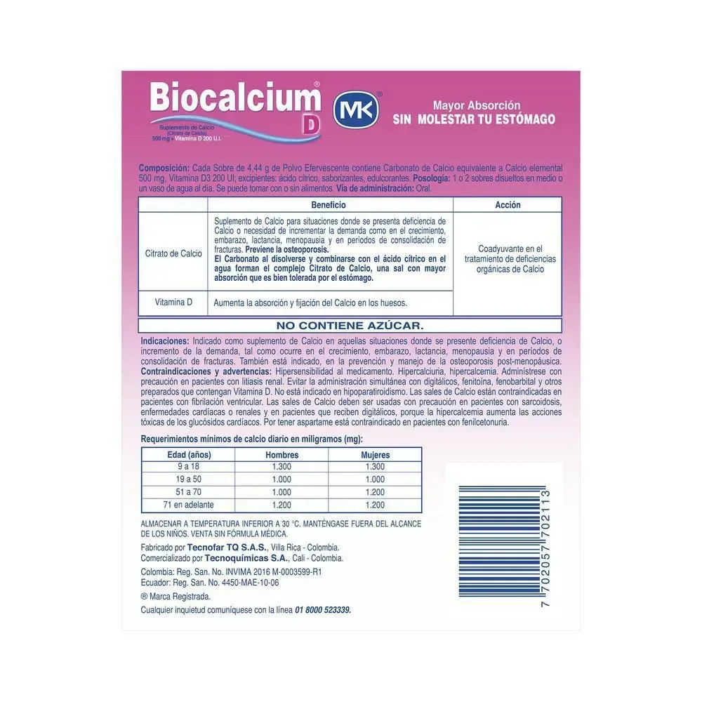 Biocalcium D Suplemento de Calcio+Vitaminas D 30 Sobres