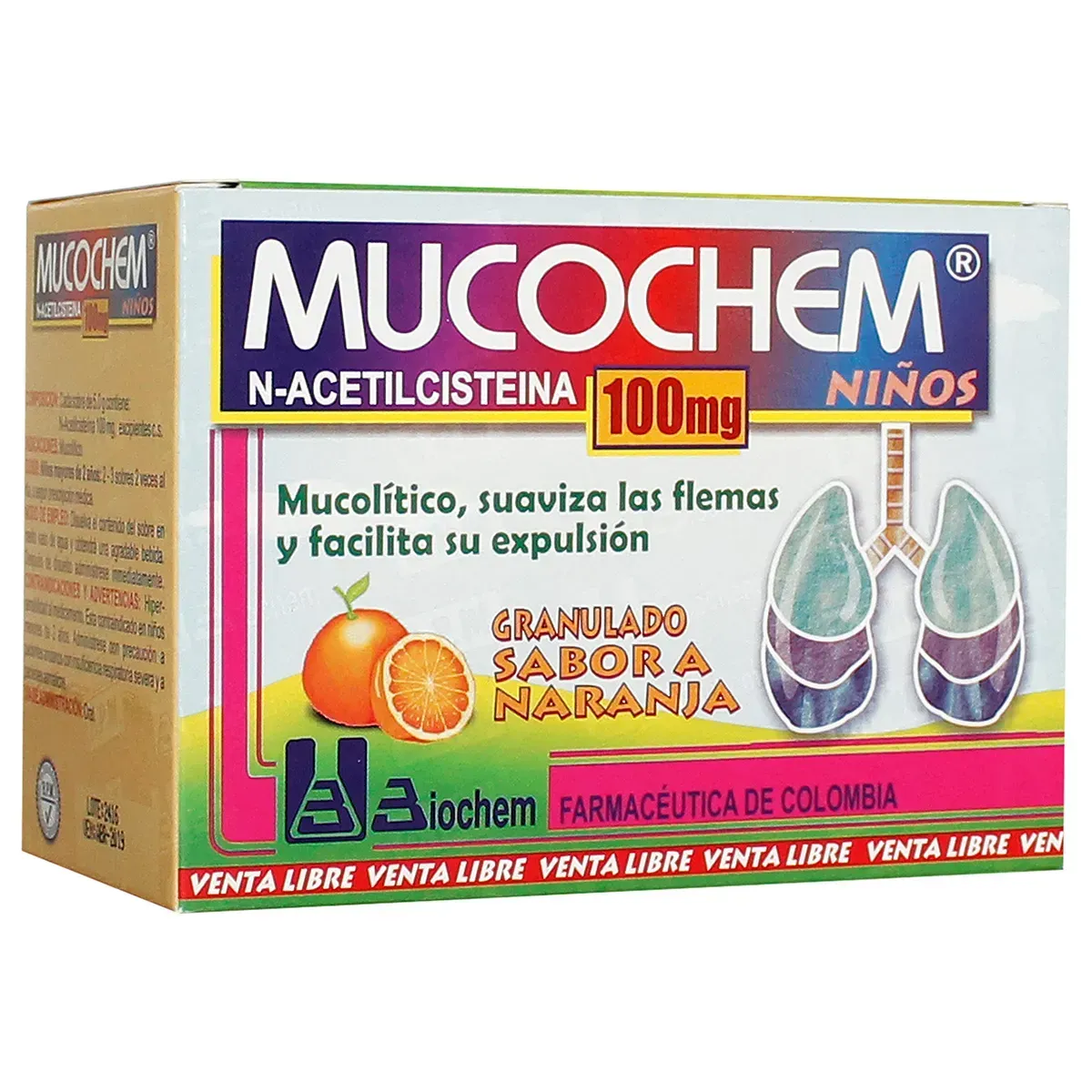 Mucochem N-Acetil cisteína 100Mg  Mucolito Suaviza Las Flemas Y Facilita Su Expulsión Sobres Biochem