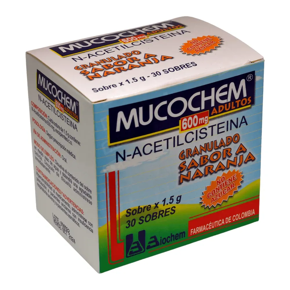 Mucochem N-Acetil cisteína 600mg Mucolito Suaviza Las Flemas Y Facilita Su Expulsión Sobres Biochem