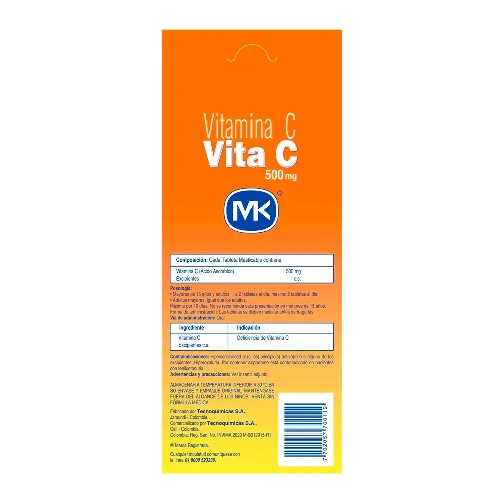 Vita C Vitamina C Sabor a Naranja Sin Azucar MK x 10 Tabletas Masticables