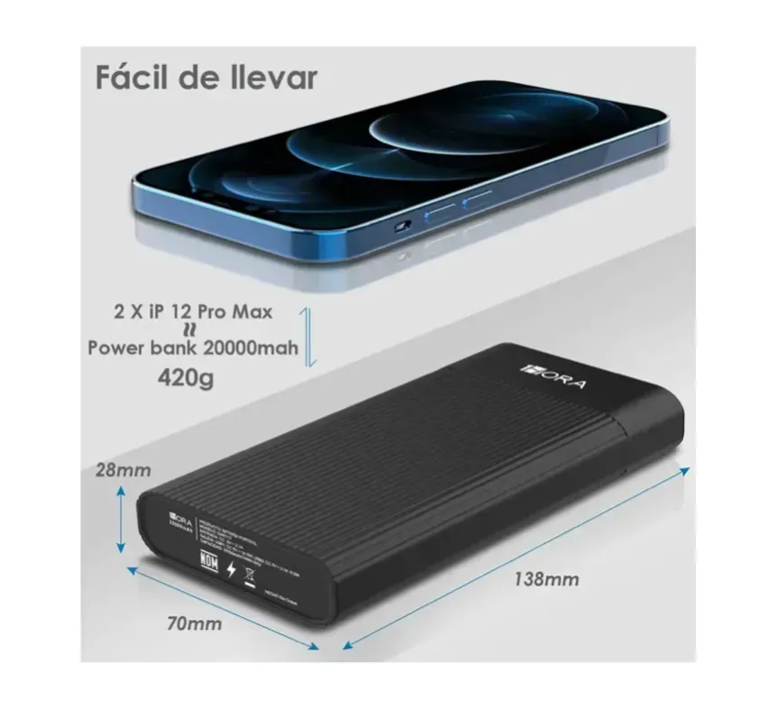 Power Bank Batería Portátil 20000mah Carga Rápida