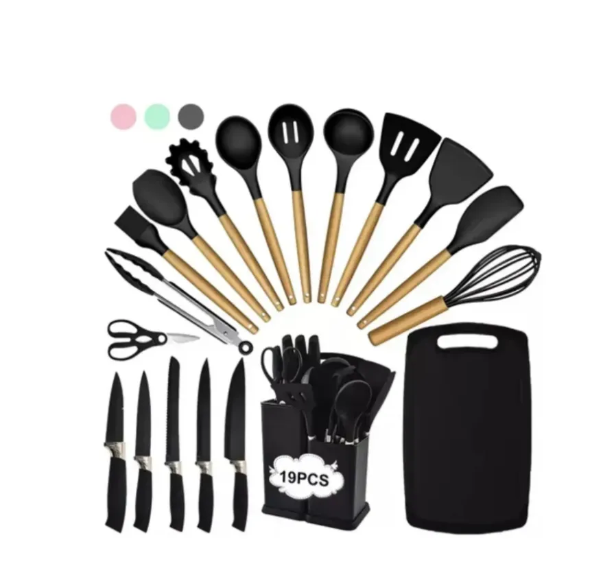 Set Utensilios Cocina Silicona + Set Cuchillos X19 Pcs