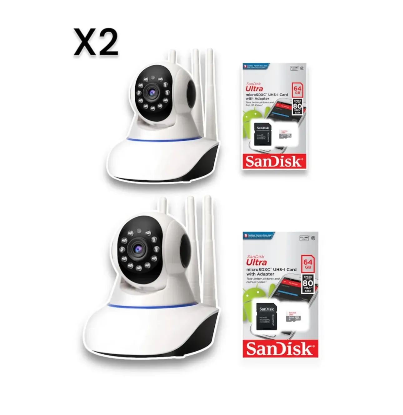 Combo 2 Cámaras De Seguridad WIFI 360 Grados / 3 Antenas + 2 Memoria 64Gb