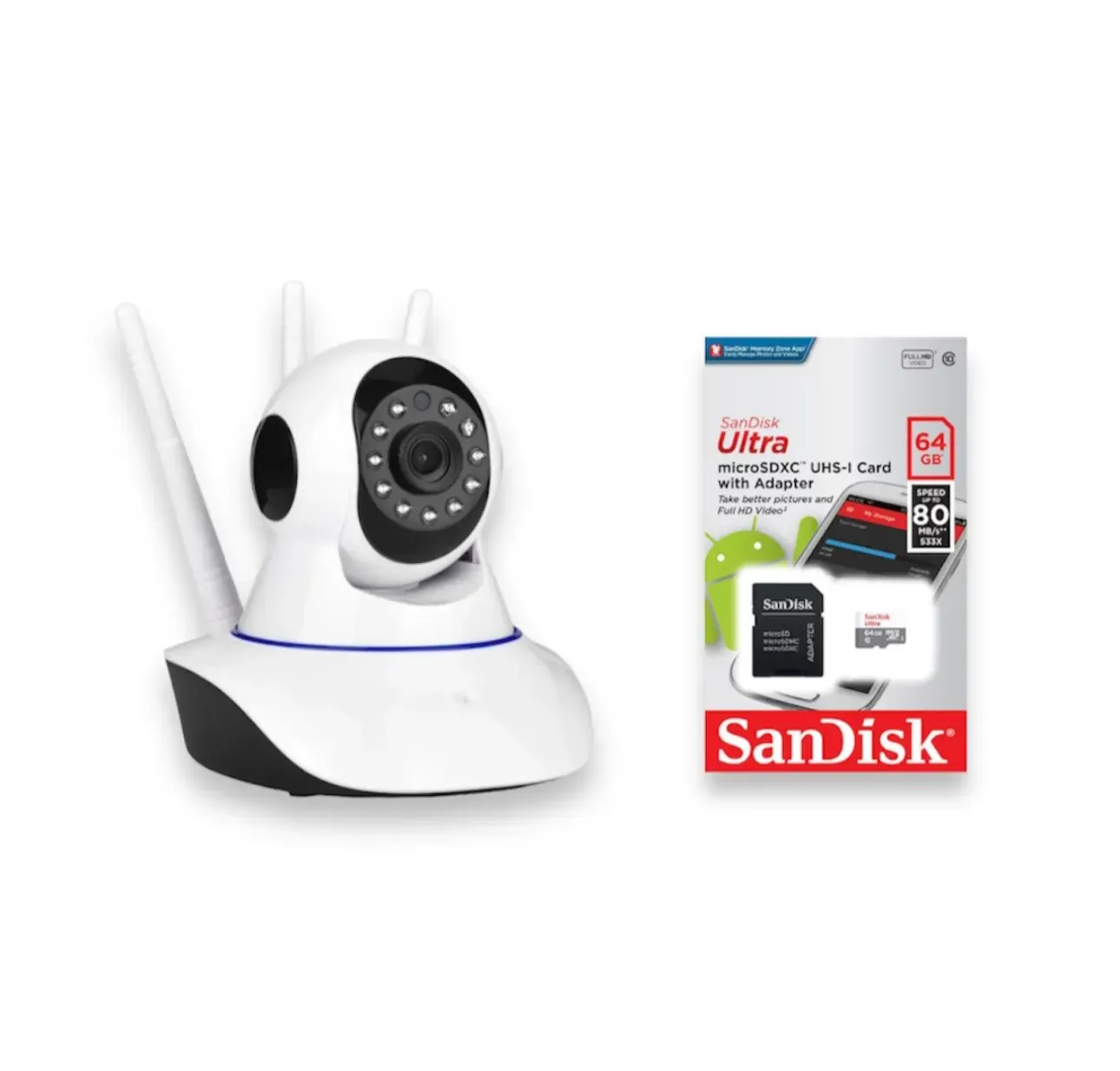 Combo Camara De Seguridad WIFI 360 Grados / 3 Antenas + Memoria 64Gb