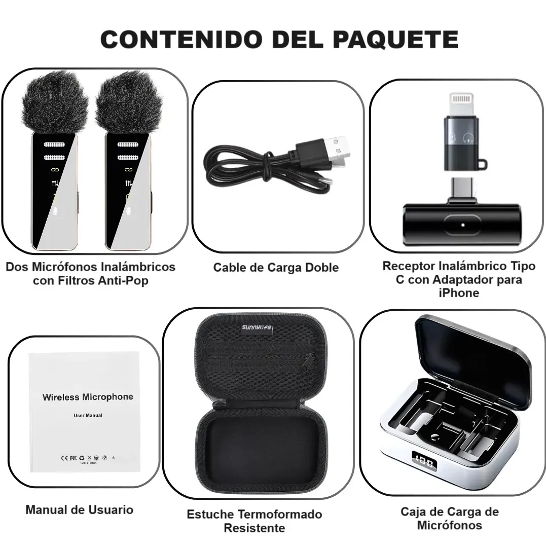 Micrófono Profesional Inalámbrico De Solapa S18 Para Celular Tipo C Android Y iPhone, Con Estuche Semi-duro, Filtros Anti-pop y Adaptador a iPhone