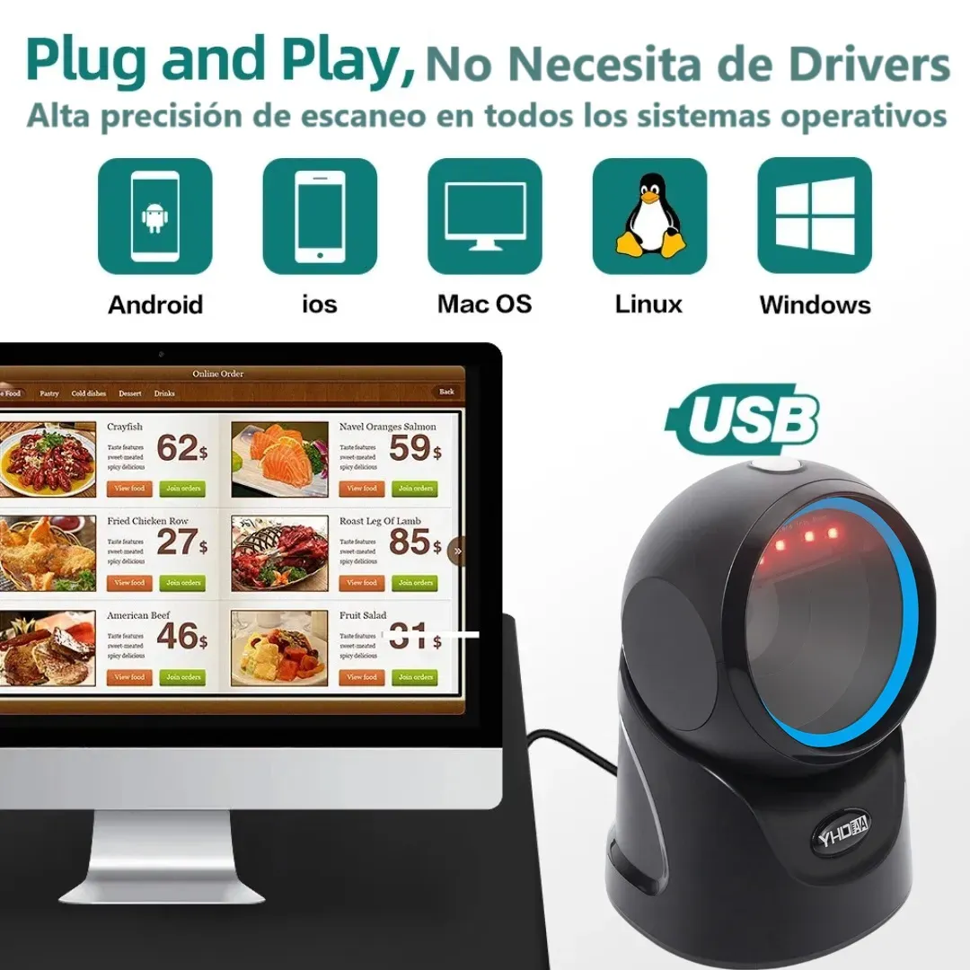 Lector Escáner De Códigos De Barras Omnidireccional USB Con Base Lee Códigos 1D, 2D y QR, Rápida Lectura Para Comercios, Supermercados, Almacenes, Compatible con todos los Sistemas, Color Negro 