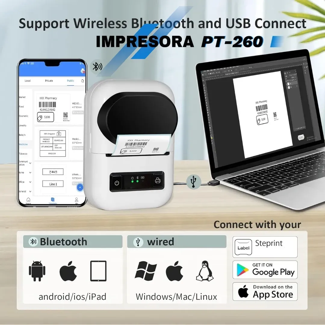 Impresora Térmica De Etiquetas Adhesivas Goopjrt Pt-260, Impresora Portátil Con Bluetooth Y Usb, Impresión 58mm, Para Pegatinas, Etiquetas Adhesivas, Stickers, Códigos De Barras, Android Y iOS