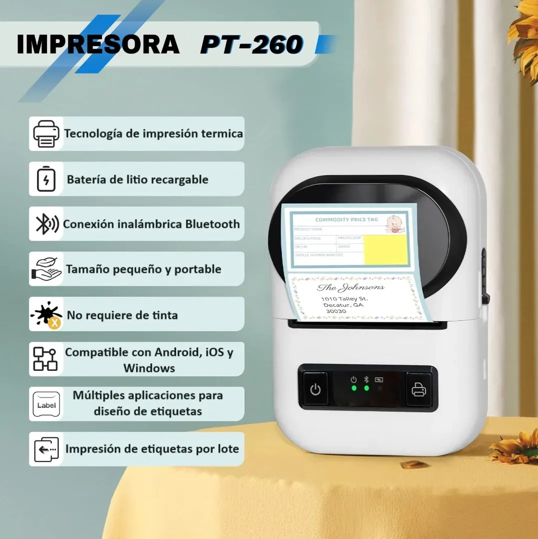 Impresora Térmica De Etiquetas Adhesivas Goopjrt Pt-260, Impresora Portátil Con Bluetooth Y Usb, Impresión 58mm, Para Pegatinas, Etiquetas Adhesivas, Stickers, Códigos De Barras, Android Y iOS