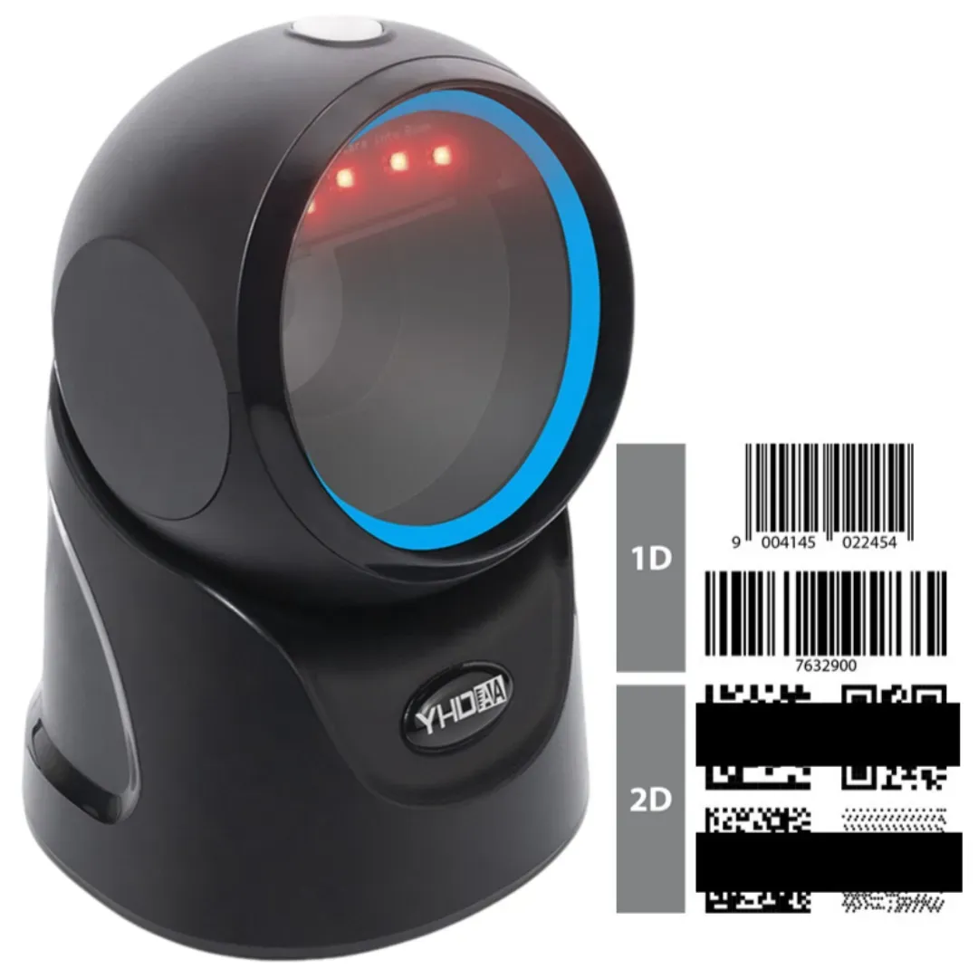 Lector Escáner De Códigos De Barras Omnidireccional USB Con Base Lee Códigos 1D, 2D y QR, Rápida Lectura Para Comercios, Supermercados, Almacenes, Compatible con todos los Sistemas, Color Negro 