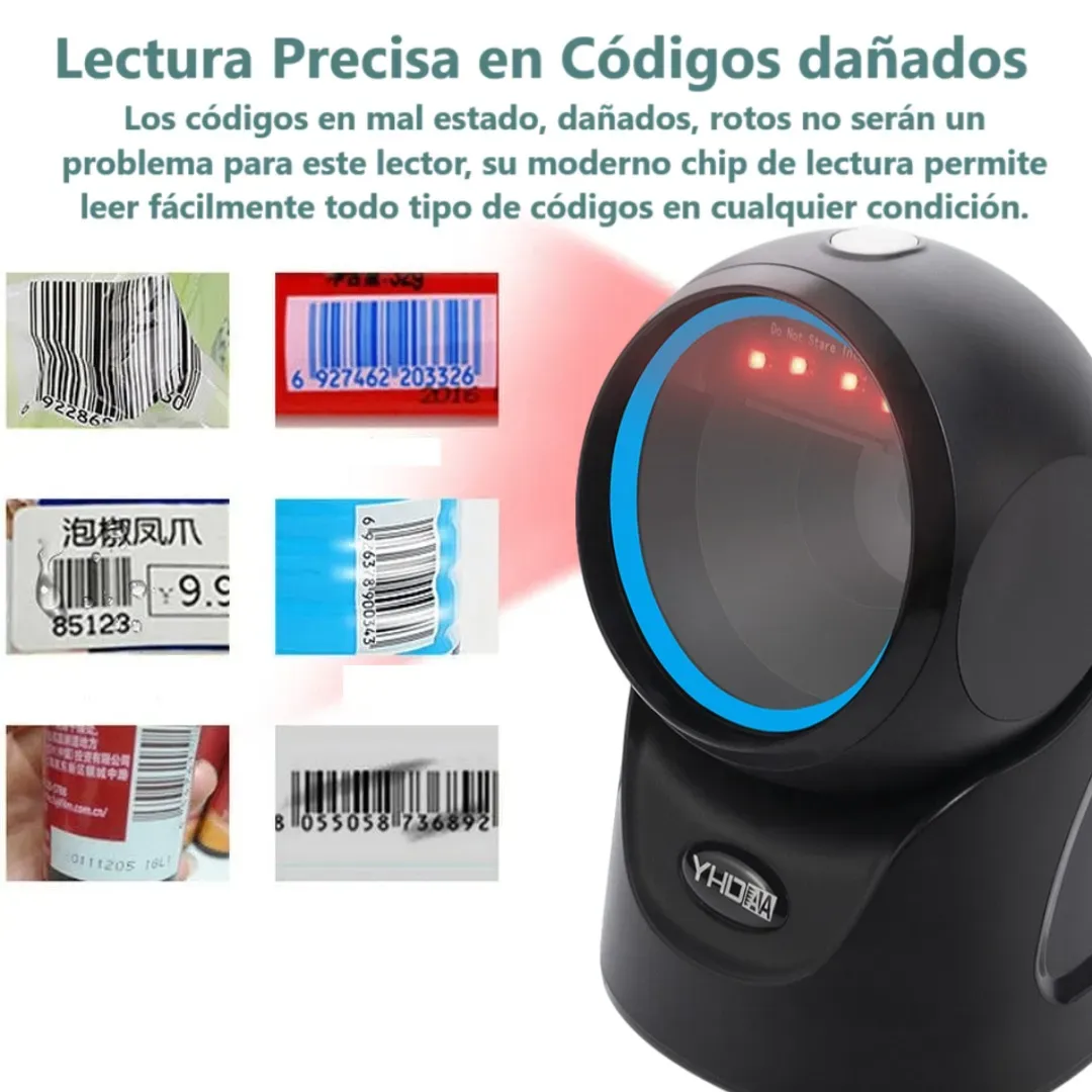 Lector Escáner De Códigos De Barras Omnidireccional USB Con Base Lee Códigos 1D, 2D y QR, Rápida Lectura Para Comercios, Supermercados, Almacenes, Compatible con todos los Sistemas, Color Negro 