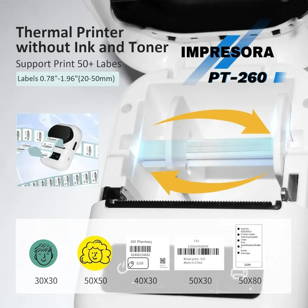 Impresora Térmica De Etiquetas Adhesivas Goopjrt Pt-260, Impresora Portátil Con Bluetooth Y Usb, Impresión 58mm, Para Pegatinas, Etiquetas Adhesivas, Stickers, Códigos De Barras, Android Y iOS