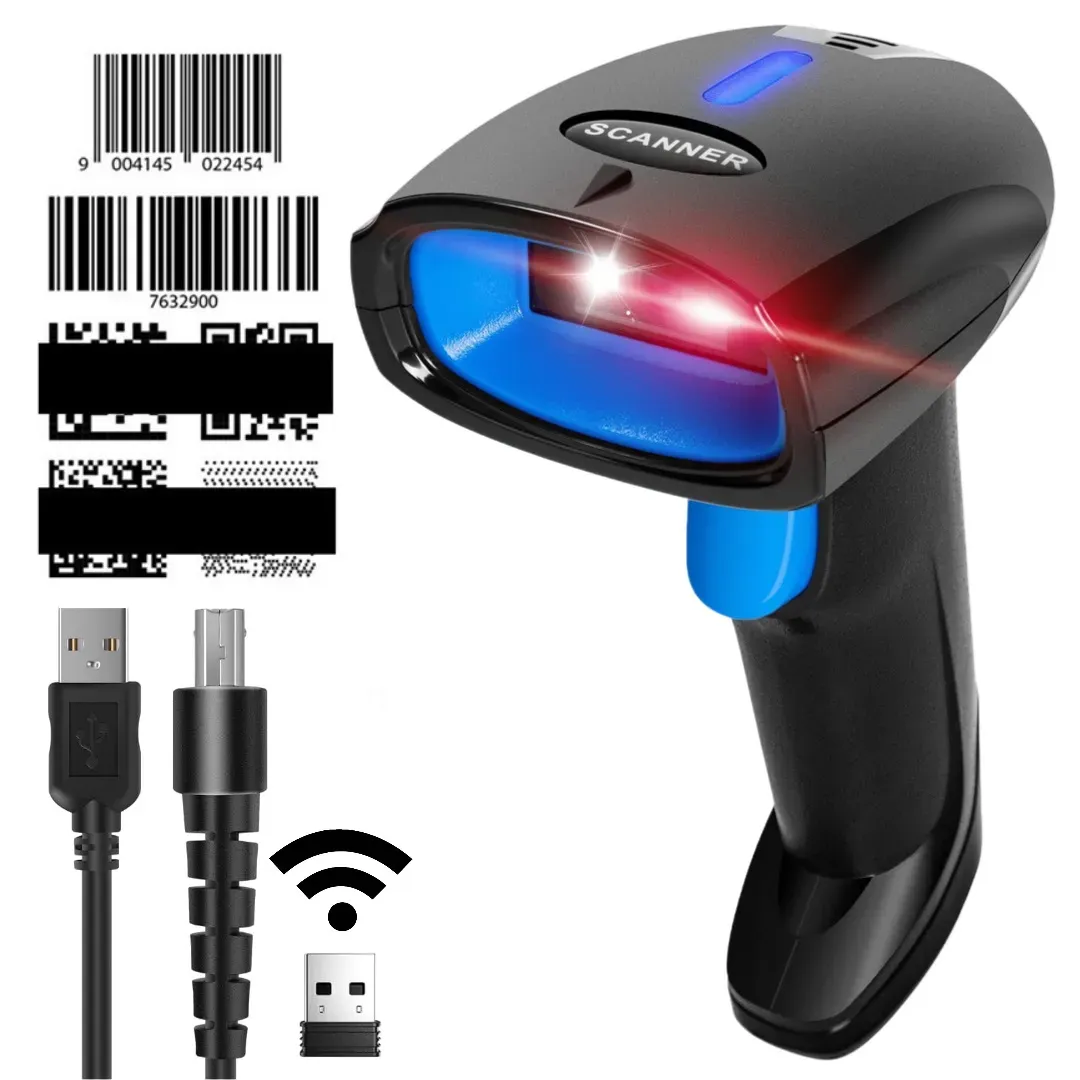 Lector Inalambrico de Código Barras 1D, 2D y QR Largo Alcance 50 metros Batería Recargable USB