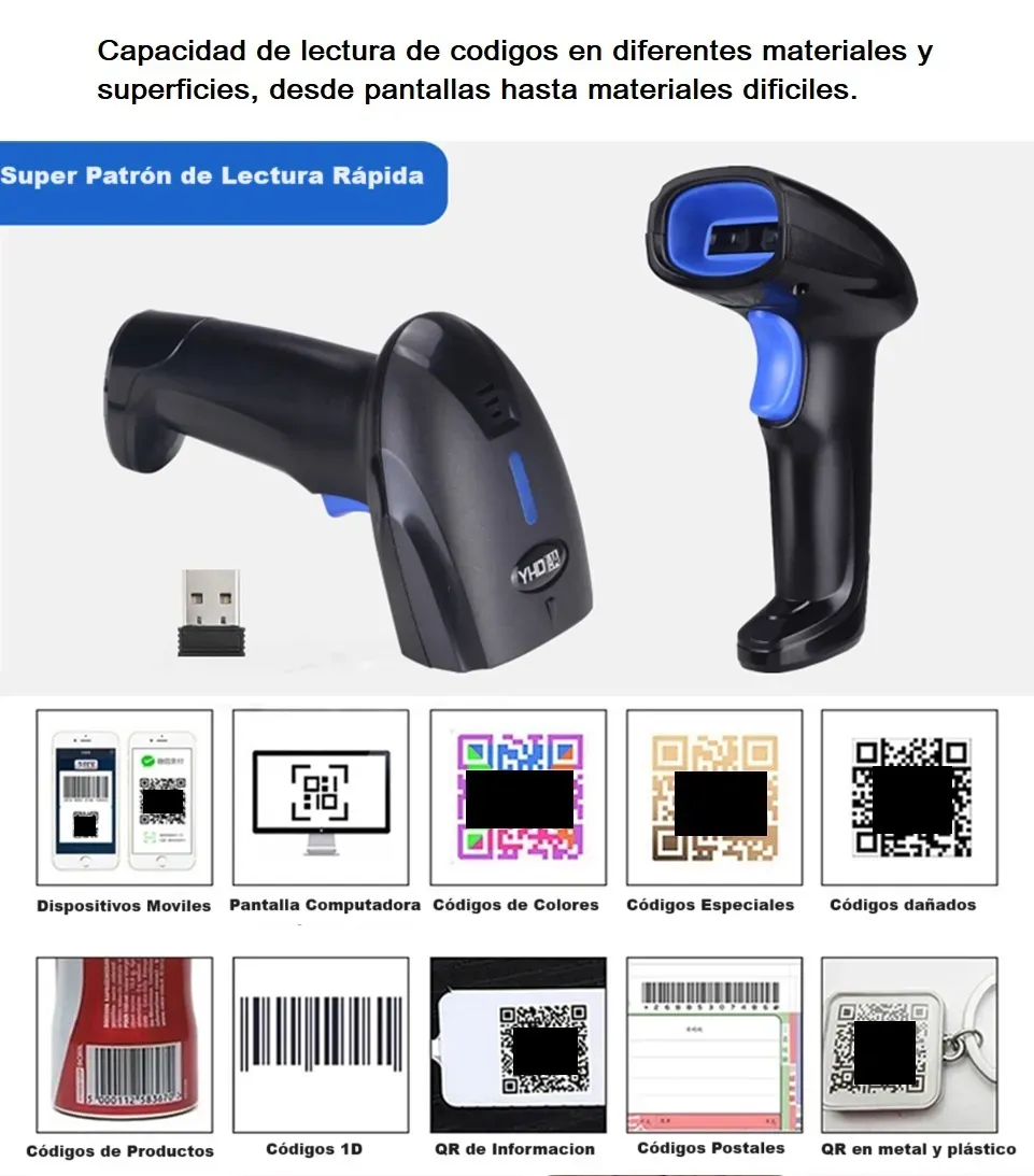 Lector Inalámbrico De Códigos De Barras Con Conexión Bluetooth 1d, 2d Qr Pdf417, Cable Usb, Resistente A Caídas, Compatible Con Todos Los Sistemas, Batería De Larga Duración, Memoria De Almacenamiento