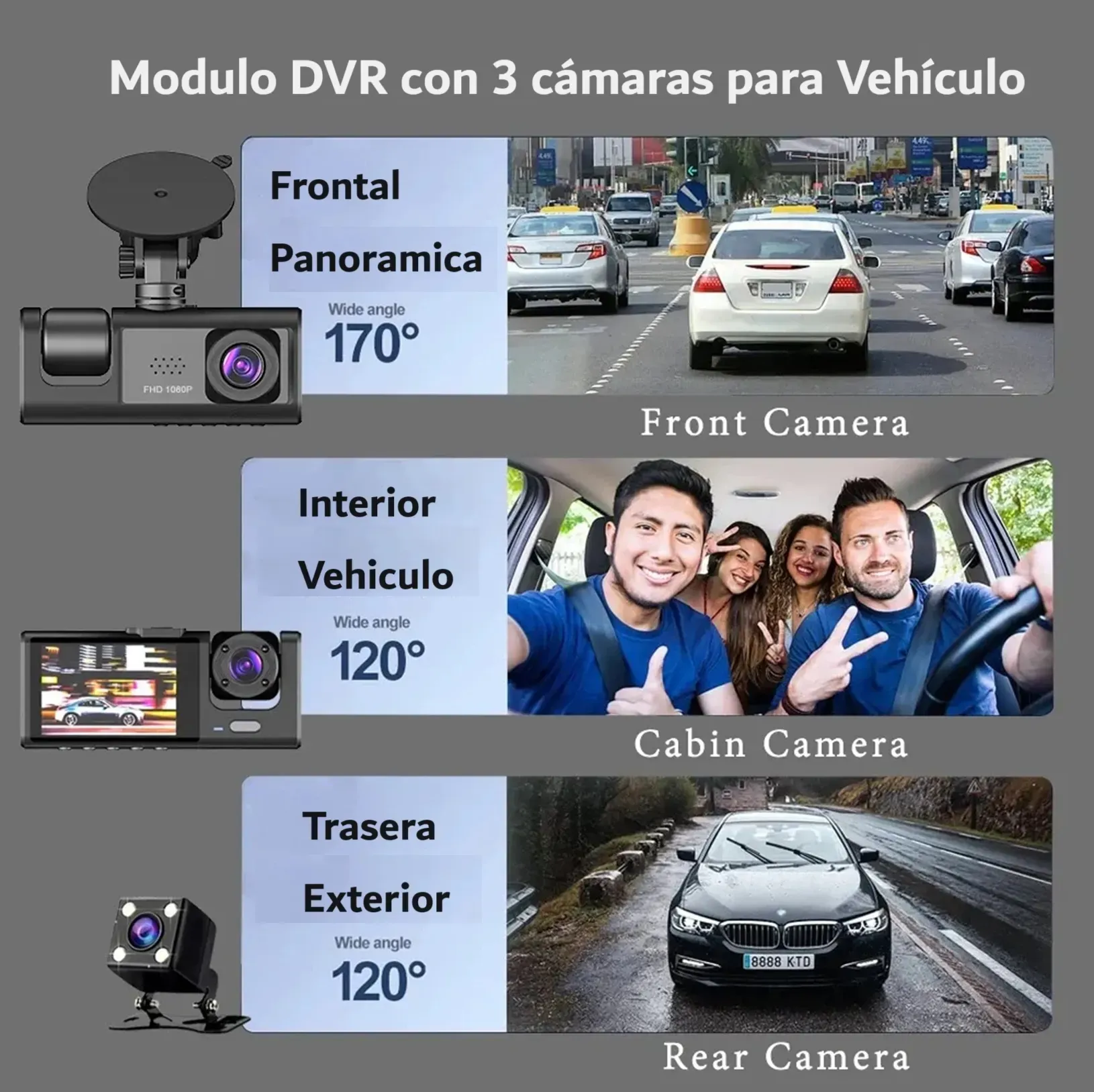 Cámara De Grabación Vehicular Con Resolución Hd 1080p Visión Nocturna Ir, Grabación En Bucle, Grabadora De Vídeo Con Triple Lente, Grabadora De Visión Panorámica, Interior Y Posterior Del Vehículo