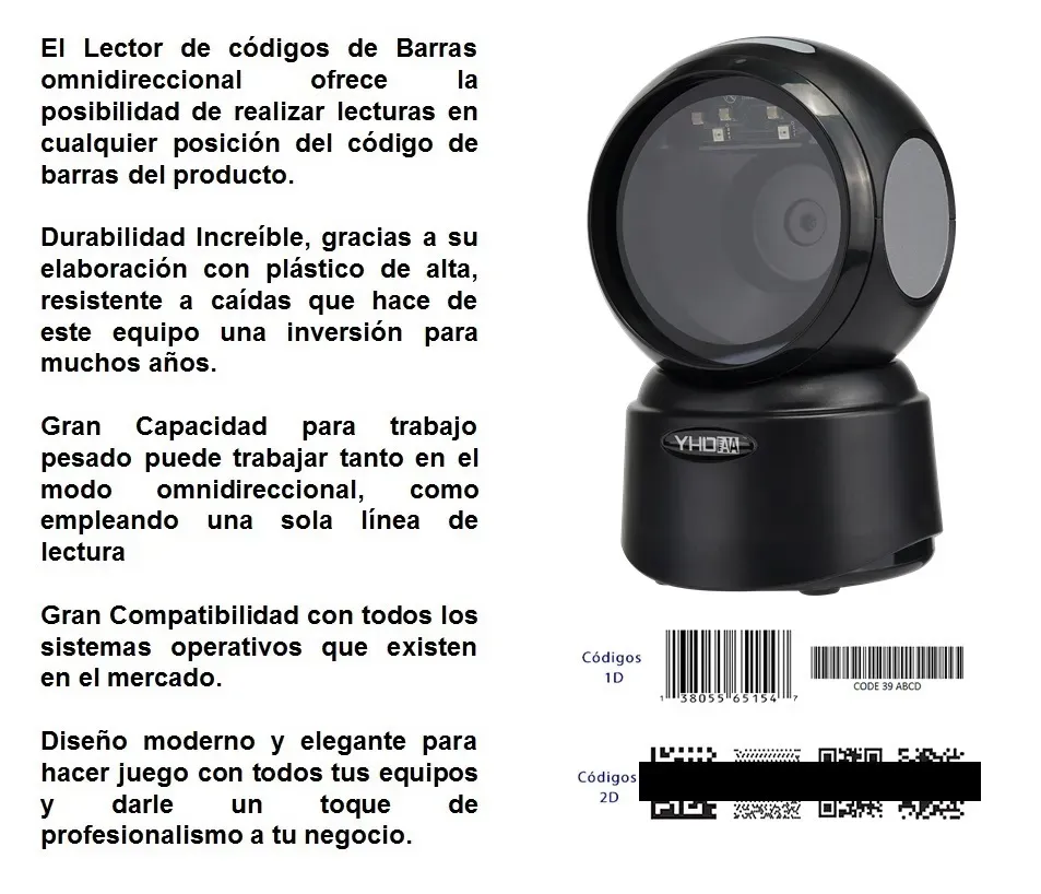 Lector Escáner De Códigos De Barras Omnidireccional USB Con Base Color Negro, Lectura Rápida de Códigos 1D, 2D, QR y PDF417, Para Comercios, Supermercados, Almacenes, Bodegas, Lectura Super Rapida 