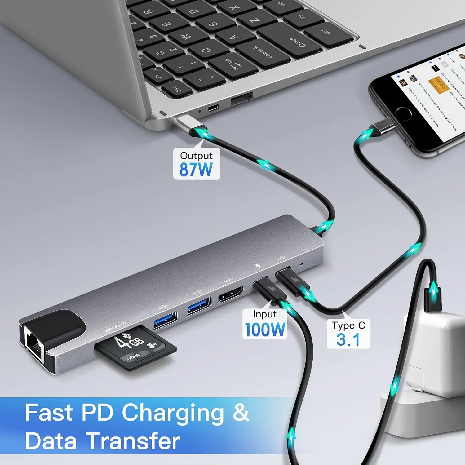 Hub Usb Tipo C Hub 8 En 1 Puertos USB 3.0, HDMI 4K, Memorias Micro SD, Puerto RJ45