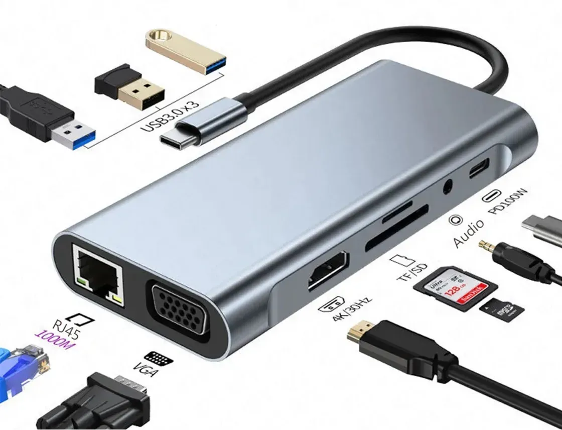 Hub Adaptador 10 En 1 Usb Tipo C3.0 Hdmi 4K Rj45 Gigabyte Micro Sd Tf Puertos USB 3.9 Tipo C