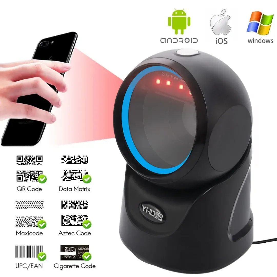 Lector Escáner De Códigos De Barras Omnidireccional USB Con Base Lee Códigos 1D, 2D y QR, Rápida Lectura Para Comercios, Supermercados, Almacenes, Compatible con todos los Sistemas, Color Negro 