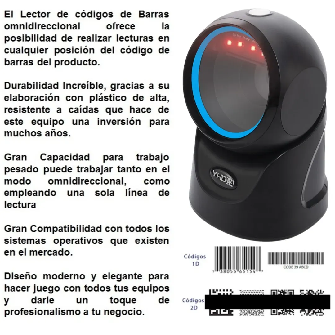 Lector Escáner De Códigos De Barras Omnidireccional USB Con Base Lee Códigos 1D, 2D y QR, Rápida Lectura Para Comercios, Supermercados, Almacenes, Compatible con todos los Sistemas, Color Negro 