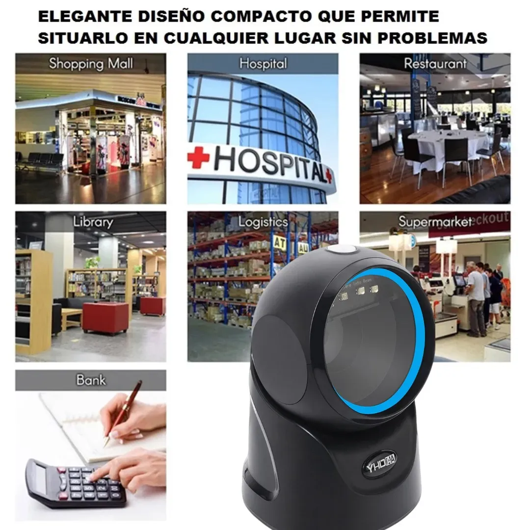 Lector Escáner De Códigos De Barras Omnidireccional USB Con Base Lee Códigos 1D, 2D y QR, Rápida Lectura Para Comercios, Supermercados, Almacenes, Compatible con todos los Sistemas, Color Negro 