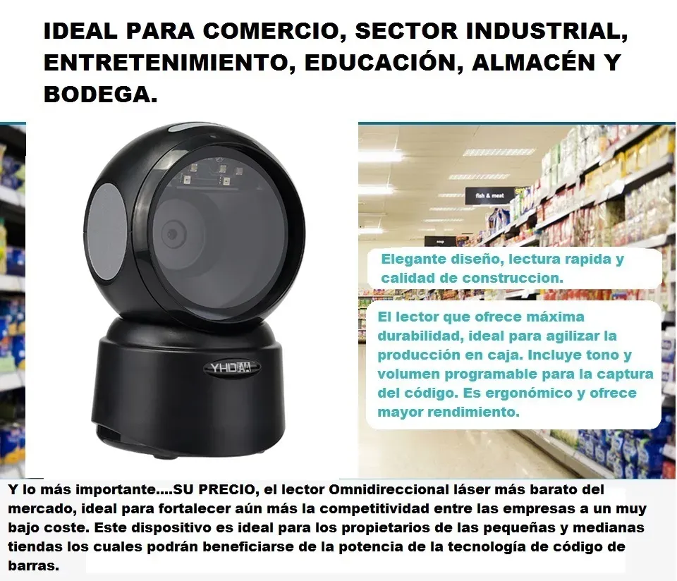 Lector Escáner De Códigos De Barras Omnidireccional USB Con Base Color Negro, Lectura Rápida de Códigos 1D, 2D, QR y PDF417, Para Comercios, Supermercados, Almacenes, Bodegas, Lectura Super Rapida 