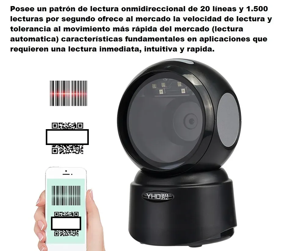 Lector Escáner De Códigos De Barras Omnidireccional USB Con Base Color Negro, Lectura Rápida de Códigos 1D, 2D, QR y PDF417, Para Comercios, Supermercados, Almacenes, Bodegas, Lectura Super Rapida 