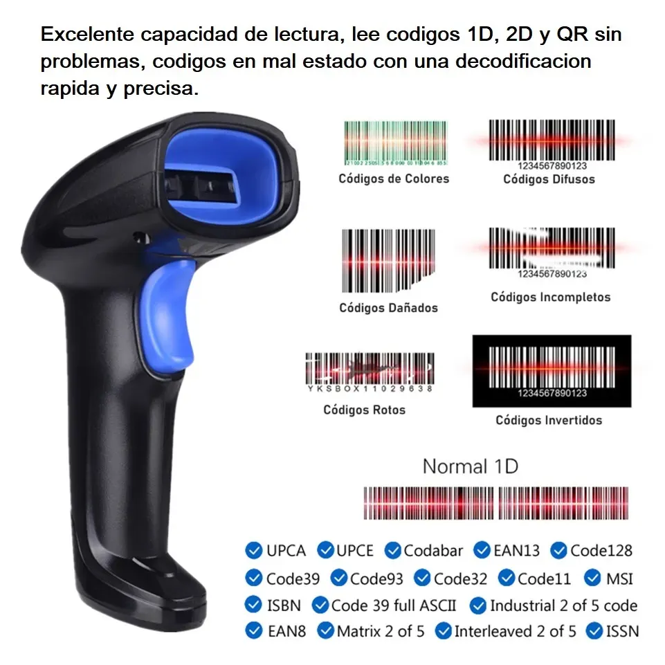 Lector Inalambrico de Código Barras 1D, 2D y QR Largo Alcance 50 metros Batería Recargable USB