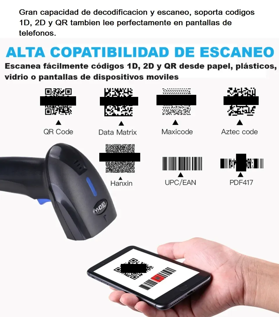 Lector Inalambrico de Código Barras 1D, 2D y QR Largo Alcance 50 metros Batería Recargable USB