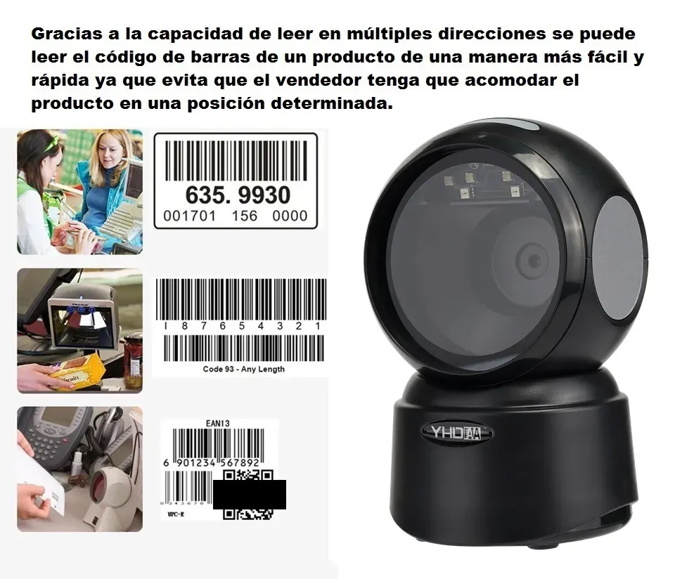 Lector Escáner De Códigos De Barras Omnidireccional USB Con Base Color Negro, Lectura Rápida de Códigos 1D, 2D, QR y PDF417, Para Comercios, Supermercados, Almacenes, Bodegas, Lectura Super Rapida 