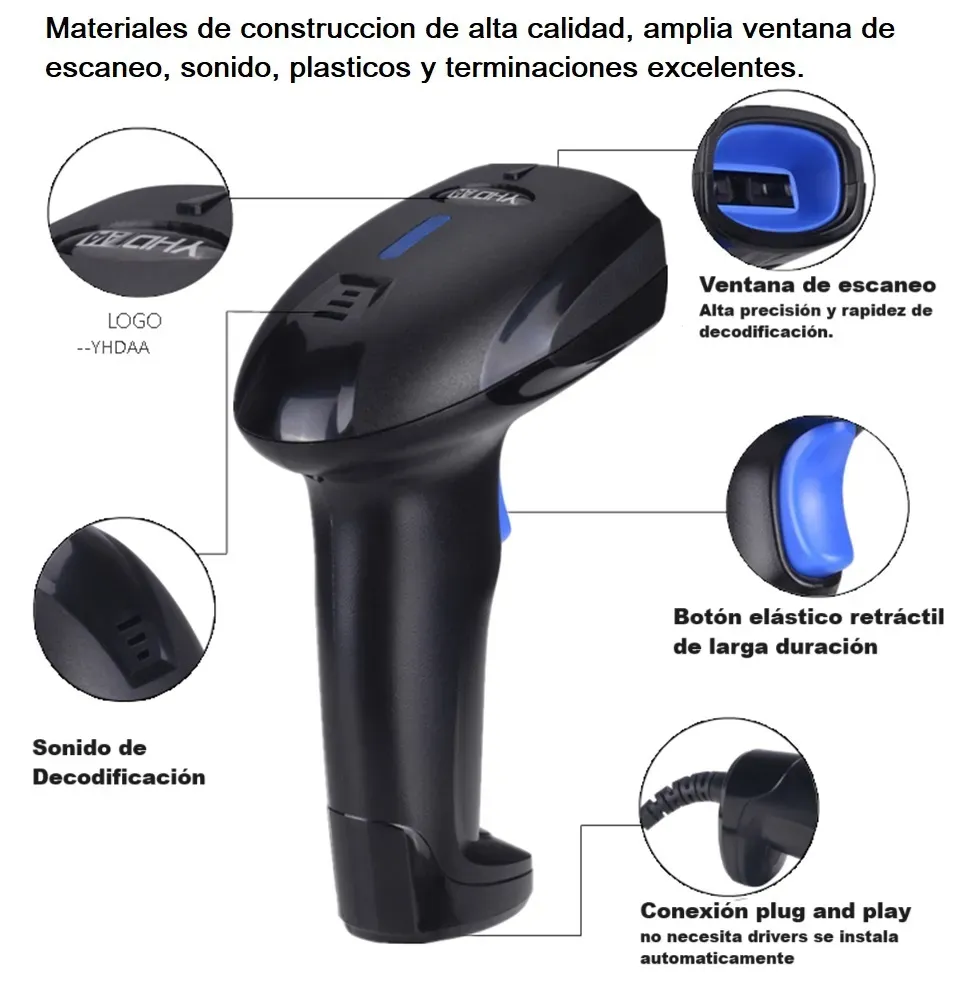 Lector Inalambrico de Código Barras 1D, 2D y QR Largo Alcance 50 metros Batería Recargable USB