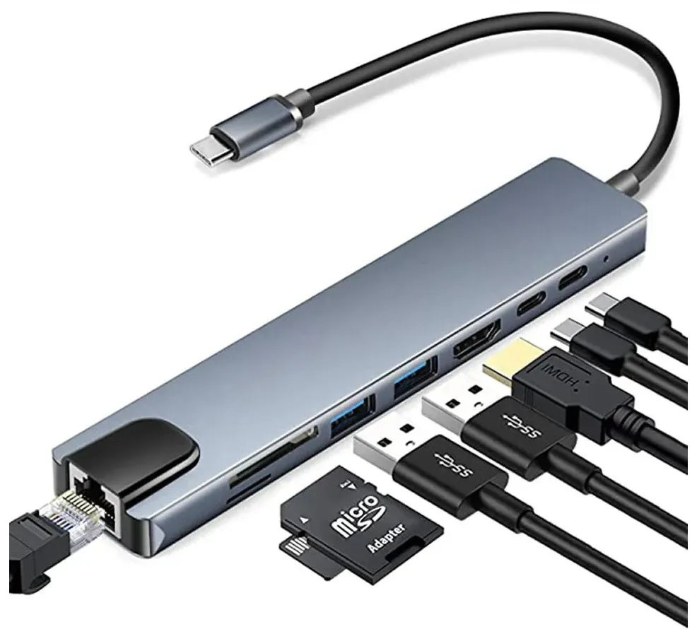 Hub Usb Tipo C Hub 8 En 1 Puertos USB 3.0, HDMI 4K, Memorias Micro SD, Puerto RJ45