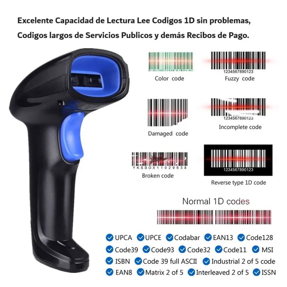 Lector Inalámbrico De Códigos De Barras Portátil YHD1100LW, Color Negro, Inalámbrico Usb, Cable Usb, Escáner Laser De Lectura Rápida 1d, Plug And Play, Diseño Portátil Y Batería Larga Duración