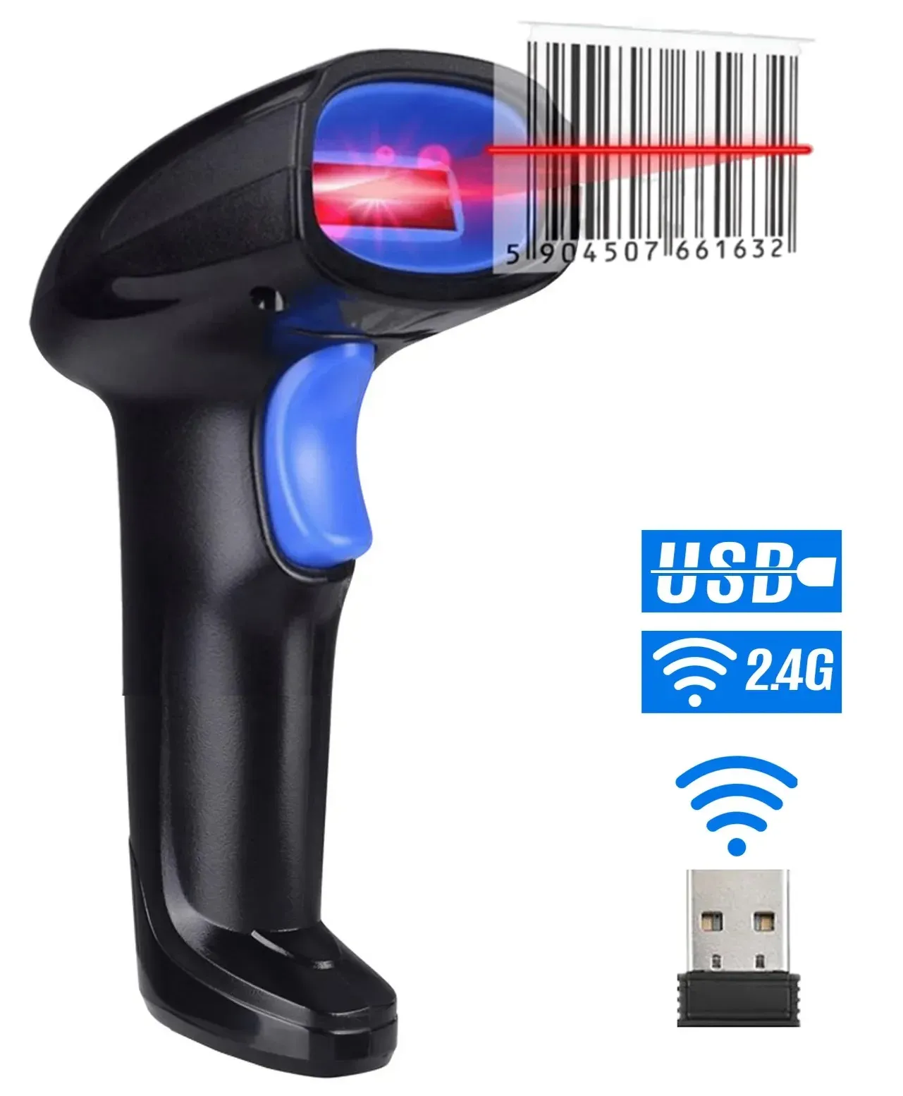 Lector Inalámbrico De Códigos De Barras Portátil YHD1100LW, Color Negro, Inalámbrico Usb, Cable Usb, Escáner Laser De Lectura Rápida 1d, Plug And Play, Diseño Portátil Y Batería Larga Duración