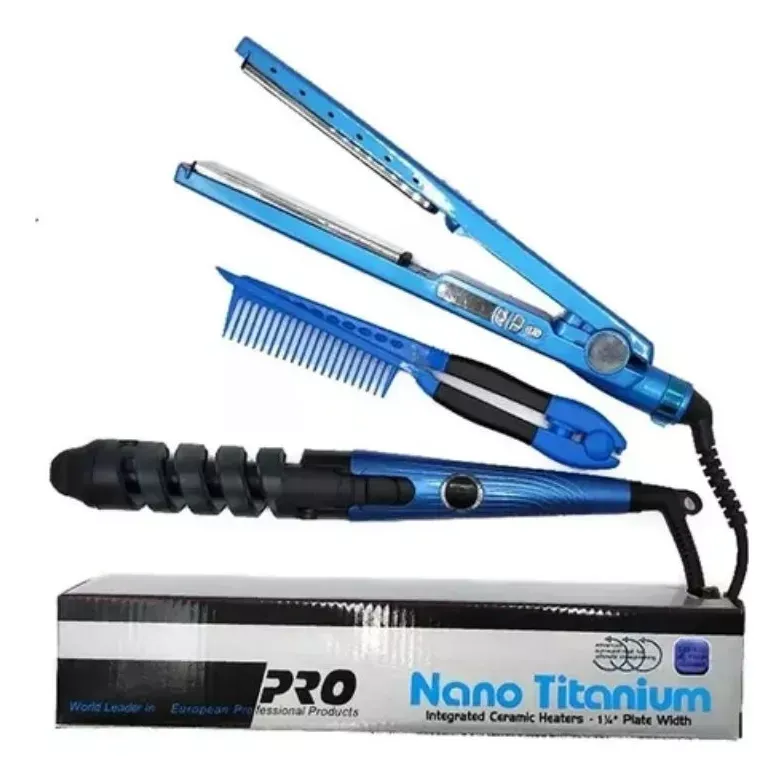 Combo 3 En 1 Nano Titanium Plancha + Peine + Rizador 450°f Color Azul 