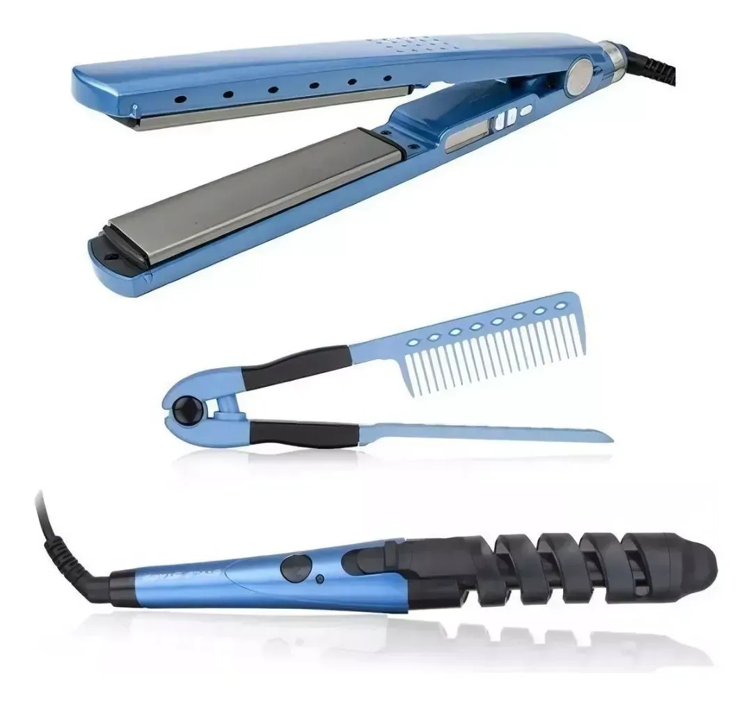 Combo 3 En 1 Nano Titanium Plancha + Peine + Rizador 450°f Color Azul 