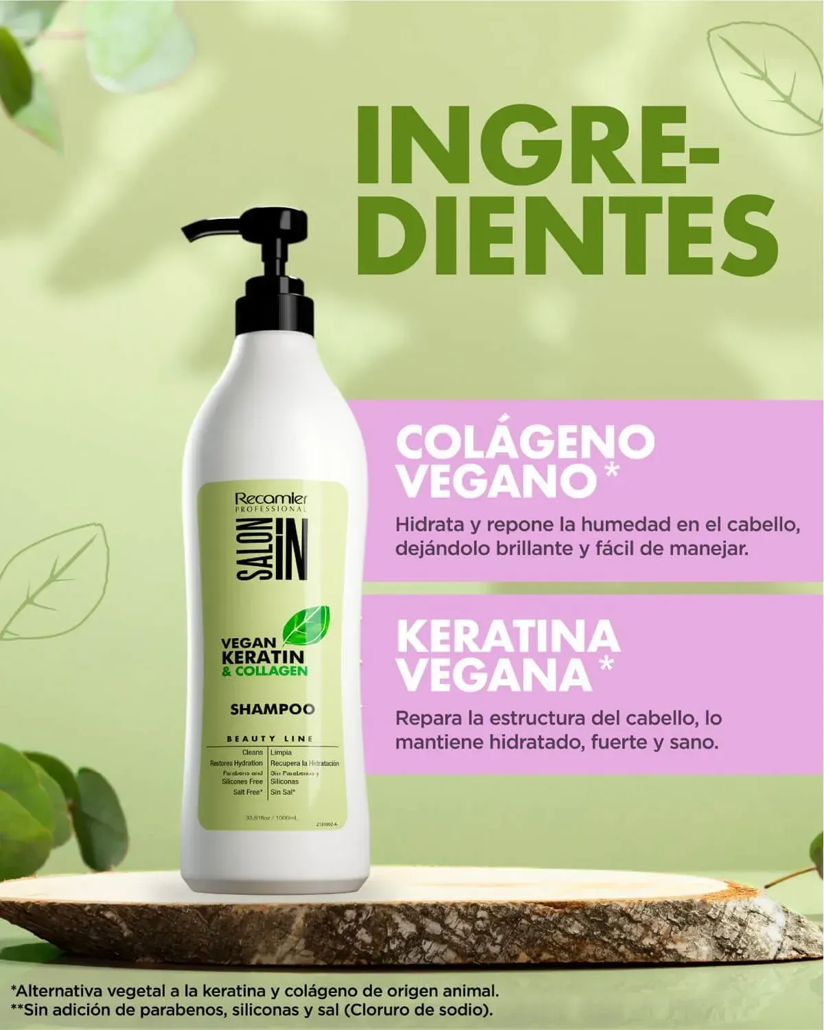 Shampoo Vegan Keratin  Salón In Recamier x1000 Ml 