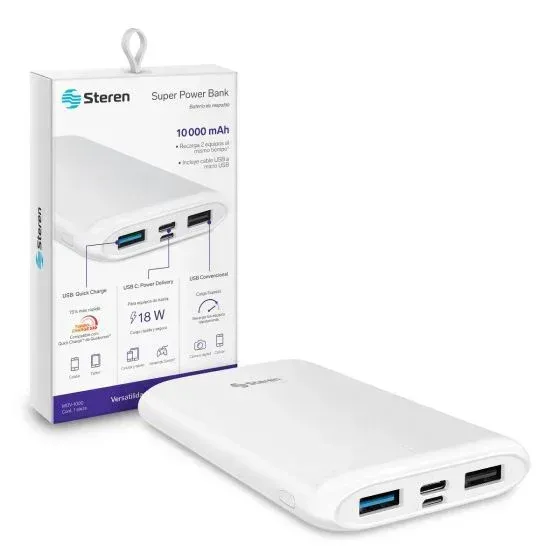 Power Bank Steren De 10 000 Mah Con Pd Y Qc Mov-1000