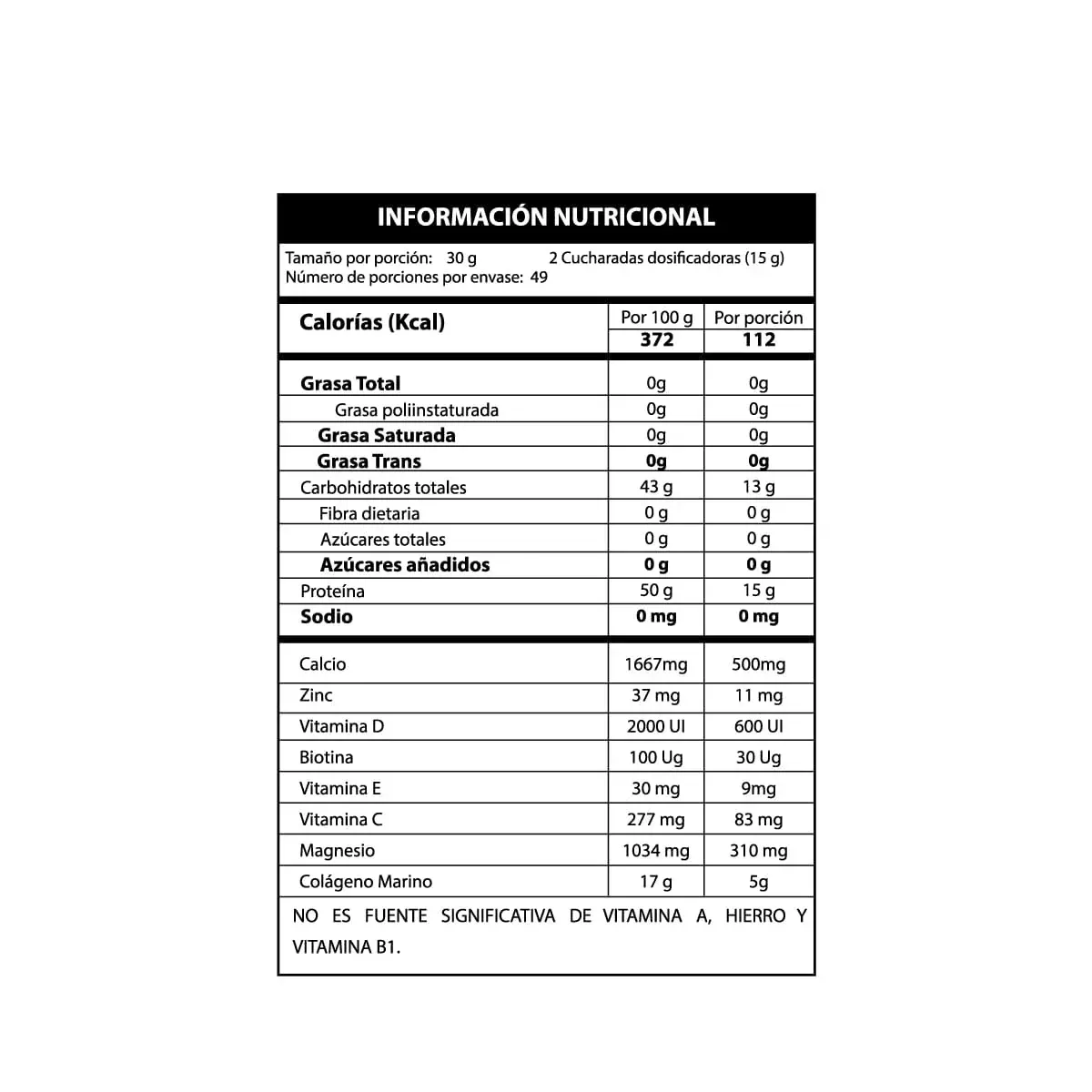 Colágeno Hidrolizado Marino | Malteada con Proteína | Biotina | Vitaminas A, E, C, B6 | Niacina | Selenio | Zinc | Hierro | 1.462 Gr